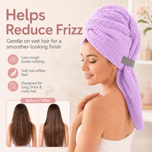 Image of Large Hair Towel Wrap for Women, Quick-Dry Turban, Ultra Absorbent & Anti-Frizz, Ideal for Long, Thick & Curly Hair, Soft Lightweight Microfiber Drying Towel (24x42, Purple)