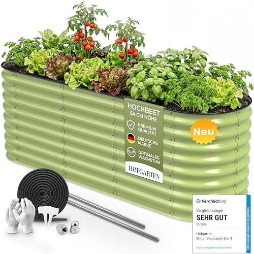 HOFGARTEN 200x60x64 cm Metall Hochbeet für den Garten - Hochwertiges Pflanzbeet aus Zn-Al-Mg Stahl für maximalen Rostschutz und Langlebigkeit, Modularer 6-in-1 Bausatz QuickGrow Plus (Salbei)