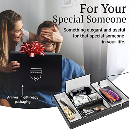 HOUNDSBAY Leather Valet Tray for Men, 6 Compartment Nightstand Organizer, Catchall Dump Station, Key Holder, Perfect with Nightstand with Charging Station