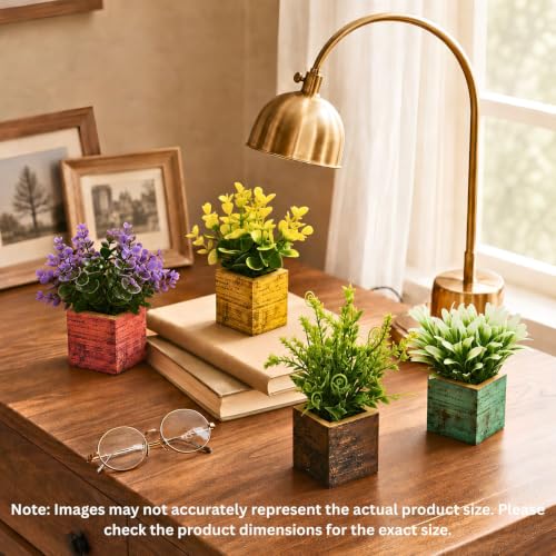 Image of fancymart Artificial Decorative Eucalyptus Plants with Colourful Small Wooden Pots, 14 cm Height for Indoor Home, Office, Table and Shelf Decoration, Pack of 4