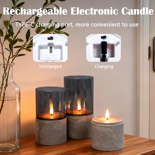 Image of LEDHOLYT Rechargeable Marble Flameless Candles, Gray Glass LED Pillar Candle with Remote & Timer,Decorative Candles for Living Room, Bedroom, Holiday Decor & Gifts for Women,Set of 3