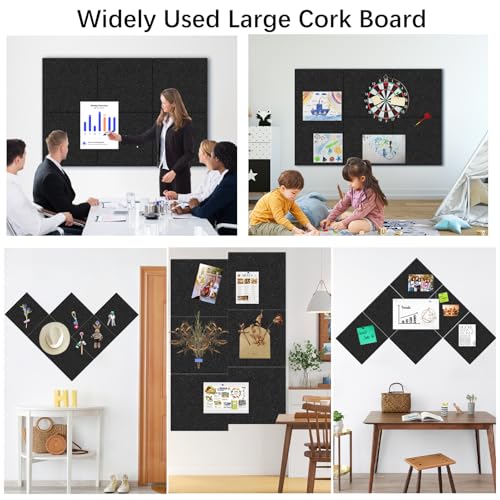 Image of Large Cork Board 6 Pack Black Notice Board 36 x 24 Inch Felt Wall Tiles Cork Boards for Walls with Push Pins, Cork Boards for Office with Safe Removable Bulletin Board, Bulletin Board