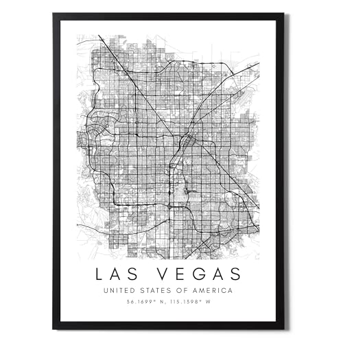 State Media Vision Carte du Monde de la Ville de Las Vegas Affiche Ensemble Individuel - Impression Minimaliste pour Chambre ou Salon - Art Mural Noir et Blanc...