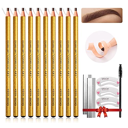 LSxia 10 PCS Waterproof Eye-Brows Pen-cil Set, Pull Cord Peel-off Eyebrow Pencil Microblading Eyebrow Pen Supplies Kit, with Eyebrows Tool Eyebrows Tattoo Makeup For Marking (10 Brown)