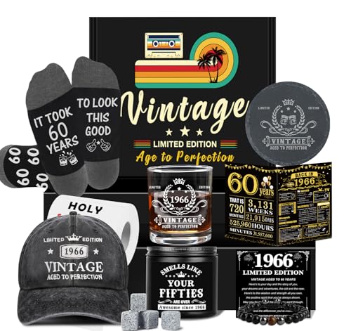 Amosking 60th Birthday Gifts for Men Cool 60th Birthday Decorations for Men 60 Year Old Gifts for Man Who Have Everything 1966 60th Birthday Gift Baskets for Man Whiskey Glass Baseball Cap Candle