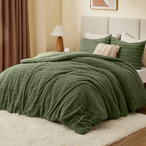 Image of BEDELITE Faux Fur Queen Comforter Set, Fluffy Bed Set, Olive Green | Super Soft & Warm, Luxury Fuzzy Cozy Comforter for Winter, Heavy Plush Bed set, with 2 Pillowcases