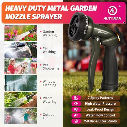 Image of AUTOMAN Garden Hose Nozzle -2 Pack, 100% Metal High Pressure Spray Nozzle, Labor-Saving Design, Heavy Duty Water Hose Nozzle for Garden Watering, Car Washing, Window Cleaning, Pets Bathing