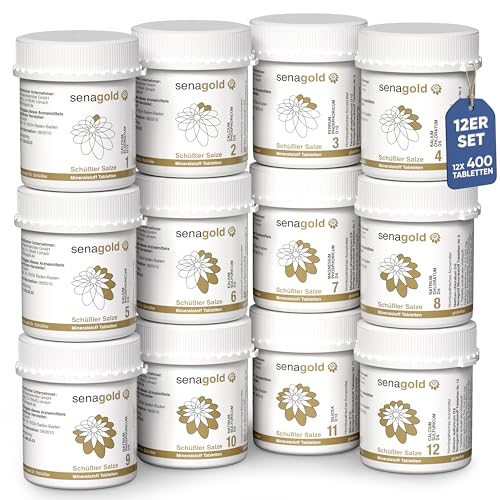 Senagold Schüssler Salze Nr. 1-12 - Schüßler Salze Set je 400 Stück - Gluten- & Alkoholfrei nach HAB - Schüsslersalze hergestellt nach Homöopathischem Arzneibuch in Deutschland - (12x400 Tabletten)