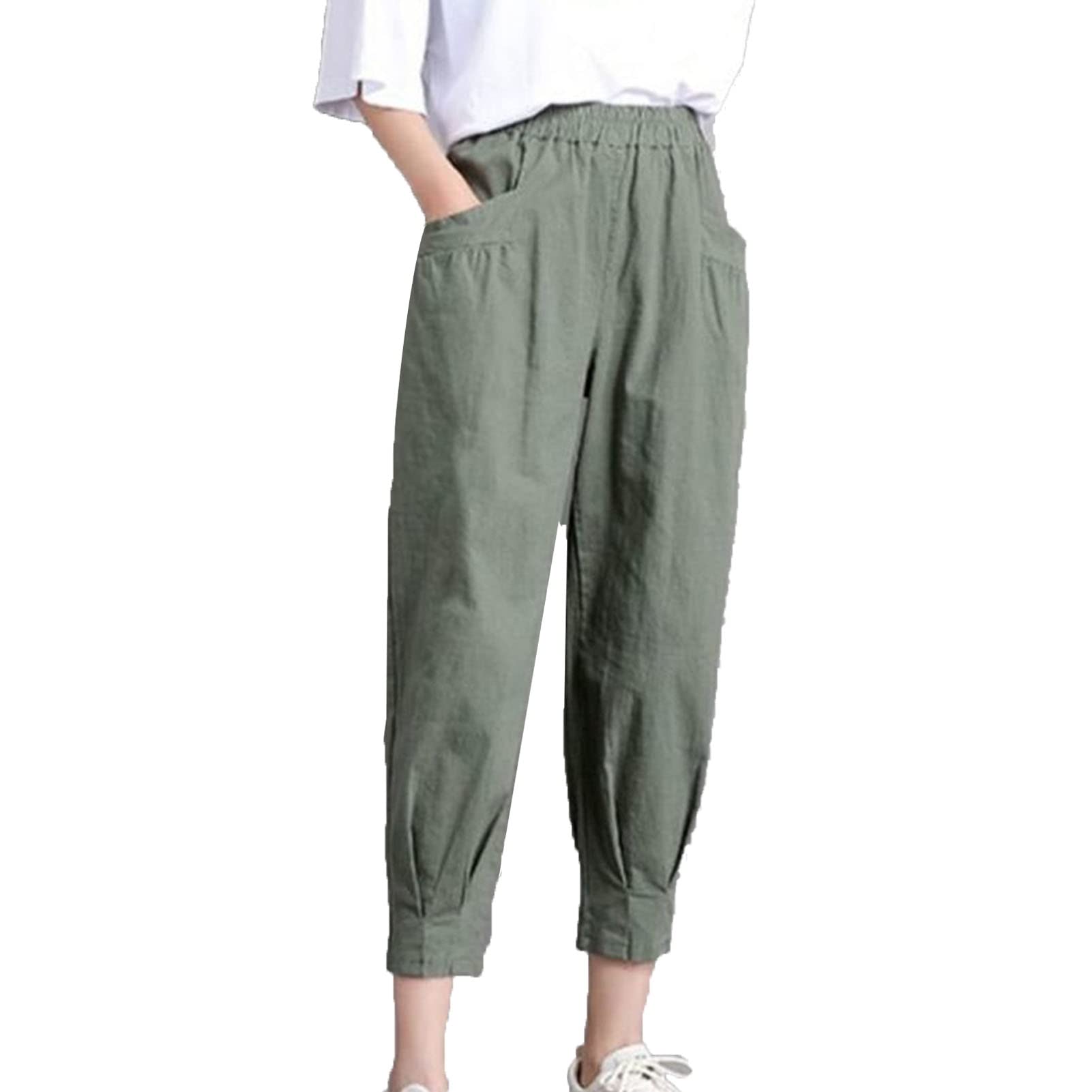 Women's Casual Linen Cropped Pants Elastic Waist Baggy Beach Trousers Summer Soft Jogger Pant with Pockets (Armygreen,Large)