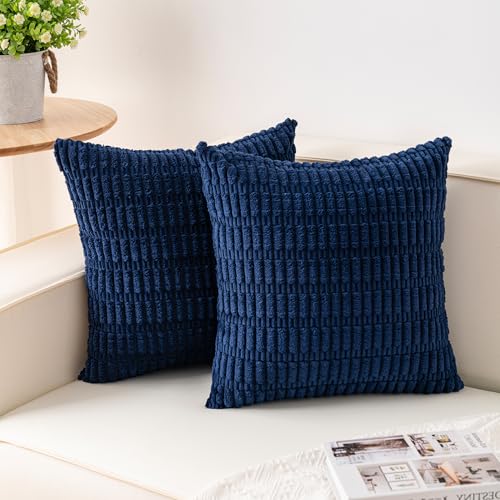 Image of Aegero Pack of 2 Corduroy Decorative Throw Pillow Covers 20x20 Inch, Blue | Fall Soft Striped Pillow Covers Modern Farmhouse Home Decor Christmas Throw Pillow Covers for Sofa Living Room Couch Bed