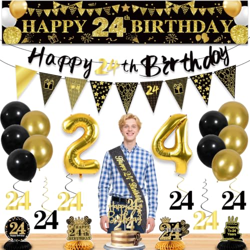 Image of 24th Birthday Decorations for Men, Black Gold 24th Party Decoration Kits