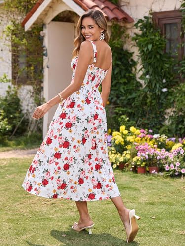 Image of KUTUMAI Floral Corset Midi Dress Flowy Slit Summer Spring Wedding Guest Dresses for Women Sundress with Pockets