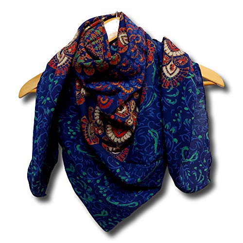 Large Cotton Scarfs for Women Lightweight Soft Sheer Neck Scarf, Head Scarf, Block Print Sanganer Summer Floral Scarf, Bandanas for Women, Handmade Blue Fashion Scarf Square Shawl Stole Wrap 42x42