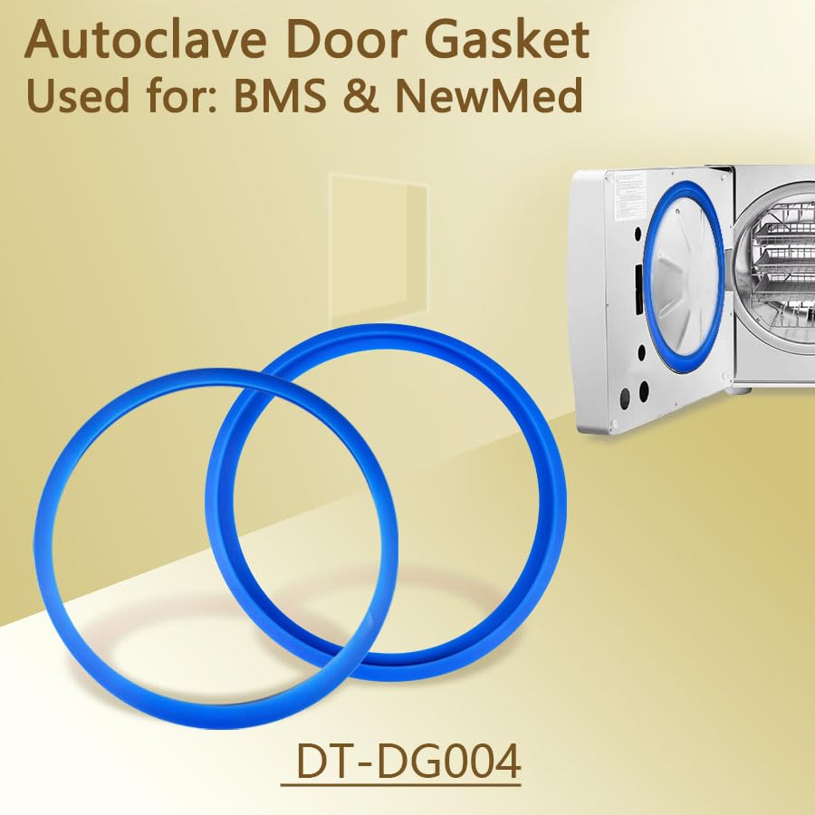 Two blue autoclave door gaskets next to an autoclave unit