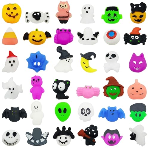 SSKHE 24 piezas de estilo aleatorio de Halloween Mochi Squeeze Juguetes Squishy Juguetes para aliviar el estrés, calabaza, fantasma, murciélago, bruja, bolsas de golosinas, regalos para Halloween