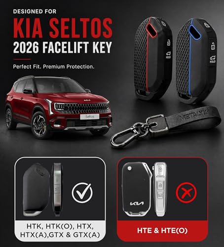Image of Metalyx [2 Key Covers + 1 PU Leather Keychain] for Kia Seltos 2026 | Silicone Key Fob Case | Anti-Scratch | HTK HTK(O) HTX HTX(A) GTX GTX(A) Keyfob Case For Seltos Facelift
