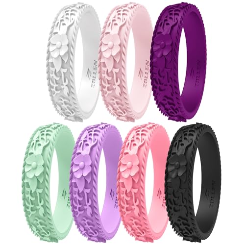 Image of Silicone Wedding Rings for Women 1 /4 /7 Packs -Stackable Silicone Rubber Wedding Bands - Innovative Flower & Vine Collection