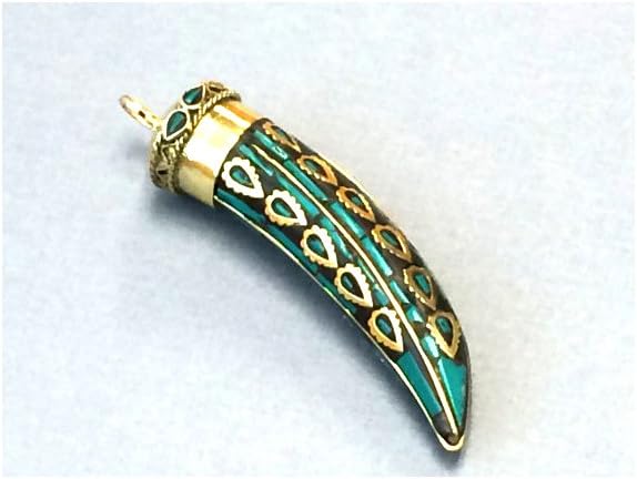 Tibet Nepal TribalAP104T - Turquoise and Gold Tibetan Mosiac Brass Horn Tusk Amulet Pendant Large 3.5 Inch