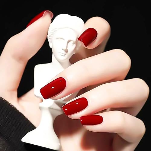 Uñas postizas medianas a presión, uñas postizas rojas con ataúd con uñas acrílicas de color rojo vino brillante, cobertura completa, uñas postizas