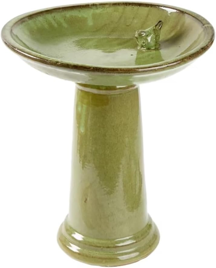 Glazed Ceramic Pedestal Bird Bath, Green, Pedestal Bath Bird, Ceramic Bird Baths