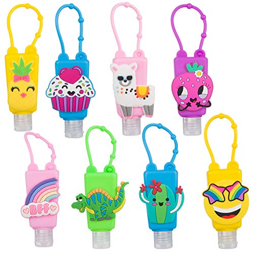 8 Sets Silicone Hand Cleaner Holders- Empty Travel Keychain Carriers with Hand Refillable Bottles Mini Detachable Kids Portable Plastic Leak Proof Liquid Soap Bottles for Travel Daily Use (Style 1)