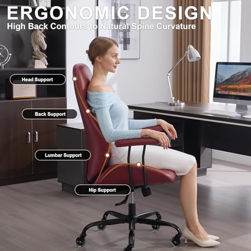 Image of E-Motie Leather Office Chair, Mid Century Modern Desk Chair, Red | Ergonomic, Lumbar Support, 360 Swivel & Rolling Wheels, Adjustable Height, for Adults & Women