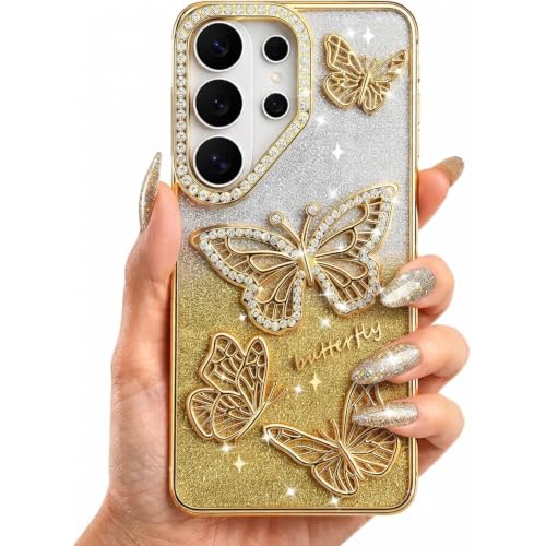 Image of Elzzi Electroplated Butterfly Phone Cover for Samsung S26 Ultra Case, Showcasing Pearlescent Diamond Soft TPU, Camera Protection, Shockproof, Dropresistant Stylish for Girls & Women (Gold)