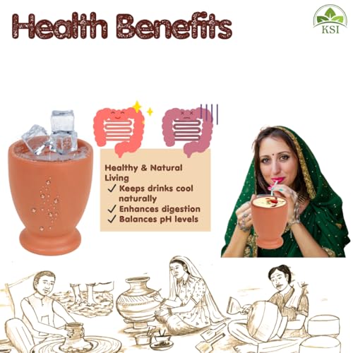 Image of KSI Earthen Clay Water Glass Set of 2 | 250 ml Small Mitti Drinking Glasses for Water Lassi Milk Coffee | Traditional Terracotta Drinkware | Reusable Kitchen Table Glass