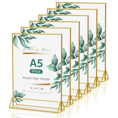 WenYa 6 Pack Gold Picture Frames Double Sided, A5 Acrylic Gold Borders Wedding Table Numbers, 16x21cm Clear Easel Table Stands, Menu Holder for Restaurant Signs Display