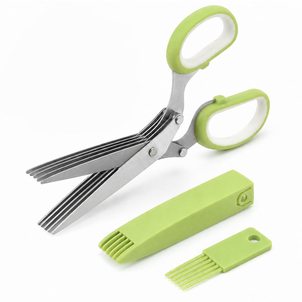 5 Blade Stainless Steel Kitchen Herb Scissors, Green