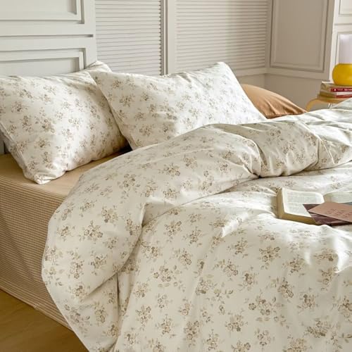 Image of MKXI White Garden Duvet Cover Beige Floral 100% Cotton Coquette Duvet Cover Queen Set Shabby Chic Aesthetic Bedding Vintage Comforter Quilt Cover Twin