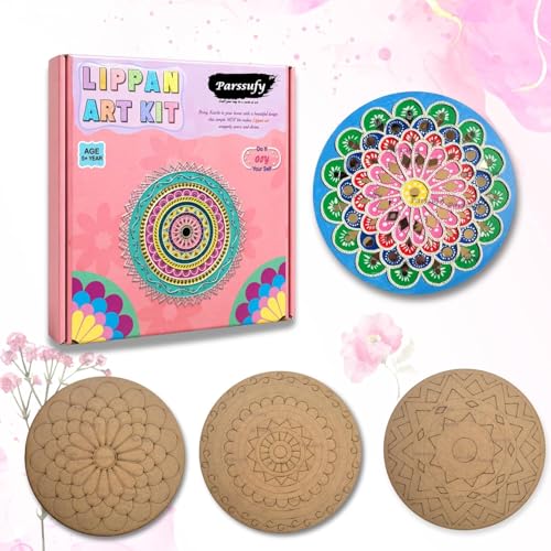 Image of Parssufy Lippan Art DIY Kit for Wall Decoration - 3 Pre-Marked 8 Inch MDF Boards with Acrylic Paints, Clay, Craft Mirrors, Brushes & Easel | Traditional Mud Art Kit for Kids & Adults