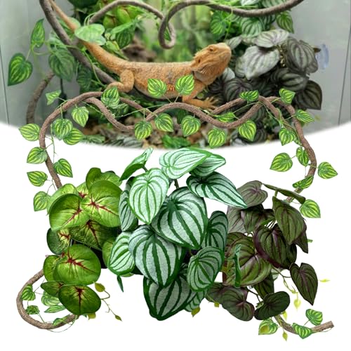 5 Pcs Reptile Plants & Habitat Decor Kit - Artificial Plants & Large 3.3ft Jungle Vine Branch Artificial Leaves with Suction Cup Tank Decor Accessories for Crested Gecko Lizard Snake Forg Tortoise
