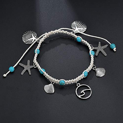 Image of Softones Blue Starfish Turtle Anklet Multilayer Charm Beads Sea Handmade Boho Anklet Foot Jewelry for Women