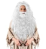 Skeleteen White Wig and Beard – Long White Dress Up Costume Accessories Curly Hair Wig for Kids and Adults