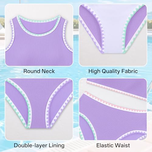 Image of Girls Bathing Suit Toddler Swimsuits 2 Piece Bikini Sets Round Neck Colorful Lace Teen Girls Swimwear 3-14T