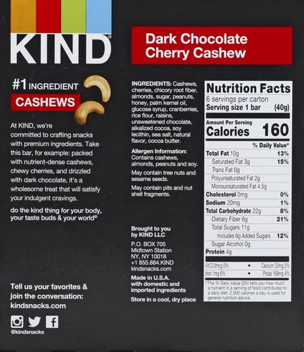 Image of KIND Nut Bars, Dark Chocolate Cherry Cashew, Healthy Snacks, Gluten Free, 4g Protein, 6 Count (Pack of 2)