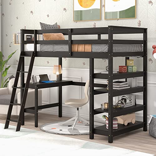 Harper & Bright Designs Twin Size Loft Bed with Desk Underneath Twin Loft Bed with Shelves and Ladder, Wood Loft Bed Twin for Kids Girls Boys,Espresso