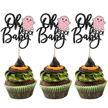 Gyufise 24Pcs Oh Baby Halloween Cupcake Toppers Black Glitter Ghost Cupcake Picks لحفل استقبال الطفل عيد ميلاد سعيد الهالوين موضوع الحفلة لوازم تزيين الكب كيك