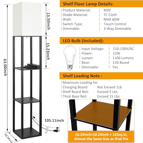FOLKSMATE LED Shelf Floor Lamp with USB Charging Ports，Type C Port & Power Outlet, 3 Way Dimmable Touch Control Modern Standing Lamps with Shelves for Bedroom, Living Room - Thumbnail 5