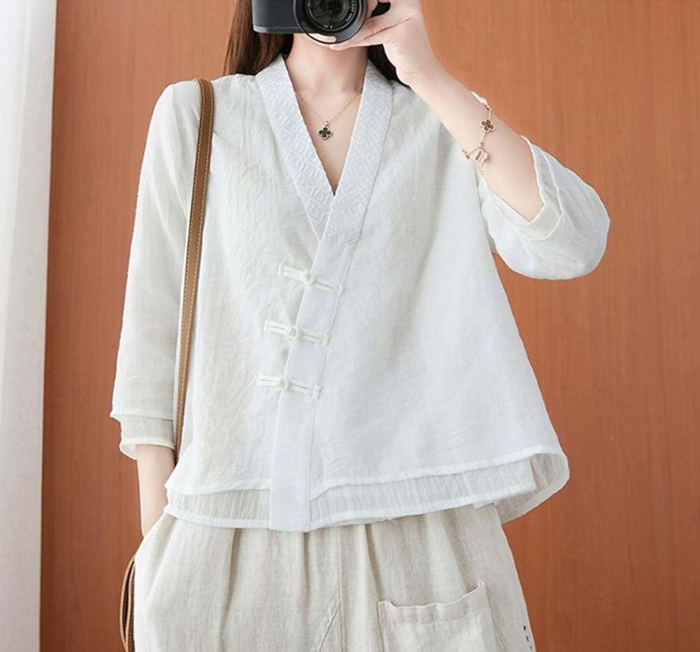 The Princess Bride Hanfu - Blusa informal de lino, manga 3/4, cuello en V, ropa tradicional china con botones de rana china, para verano, A4