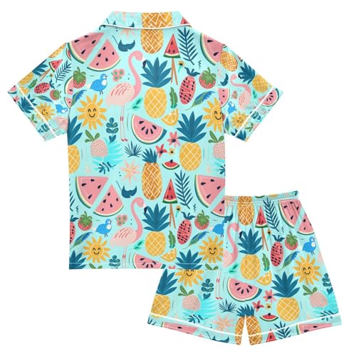 senya Pineapple Flamingo Satin Summer Pajama Sets Silk Short Sleeve Button Down Sleepwear2