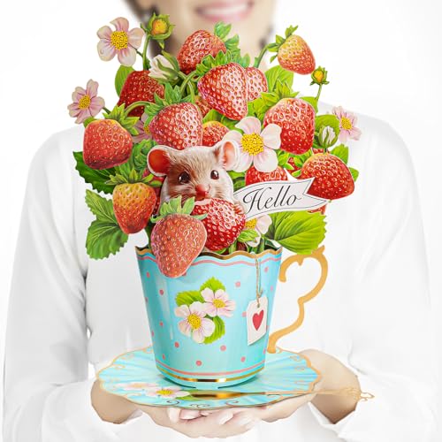 Airpark Pop Up Flower Card, 3D Paper Flowers Bouquet, Mother's Day, Birthday, Thank You, Get Well Greeting Cards with Note Card & Envelope, Strawberry