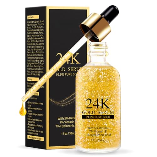 24k Gold Face Serum, 24k Gold Serum with Retinol,Vitamin E,Hyaluronic Acid, Facial Serum For Repair, Deep Moisturizing, 99.9% Pure Gold Anti Aging Serum For Face,Suitable For All Skin Types, 30ml