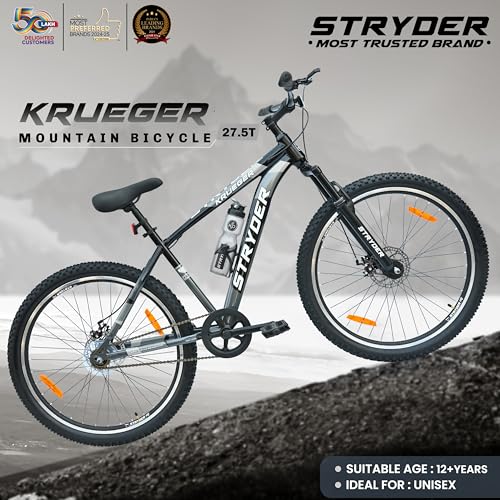 Image of Stryder 27.5T Krueger Mountain Cycle for Men & Women with Front Suspension and Dual Disc Brake | Single Speed Cycle - Ideal for 12+ Years (Frame: 18 Inches) (Black::Gray)