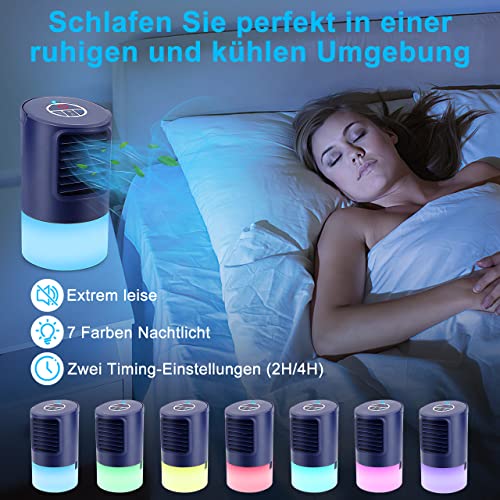 climatiseur portable, 4 en 1 mini refroidisseur d'air à ventilateur de refroidissement, con 3 velocità,timer 2/4h, 7 colori luce, per casa e ufficio,cadeau d'été spécial