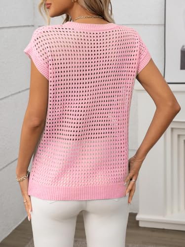 Womens Crochet Tops Cap Sleeve Summer Sweater Crew Neck Beach Cover Ups Lightweight Knit Pullover4