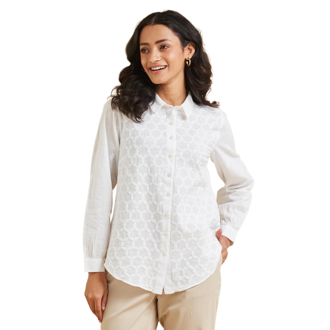 fabindia White Cotton Chikankari Spread Collar Shirts-picture-38