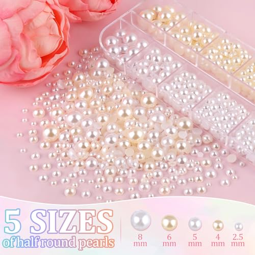 Image of Flatback Pearls for Crafting with 3Pcs 10ml B7000 Jewelry Glue, 1 Box of Half Round Beige and White Pearls, Bedazzling Beads for DIY Crafts Clothing Tumblers Shoes Embellishment Nail Art
