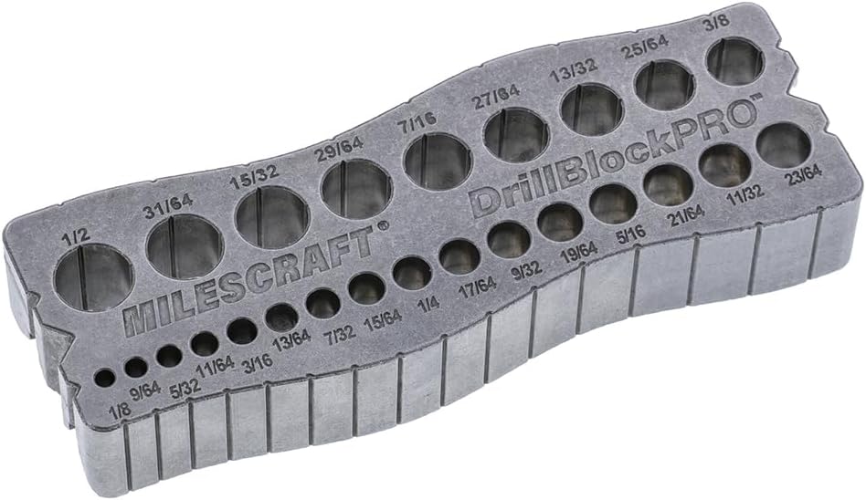 Milescraft 1307 Drill Block PRO – All-Metal Handheld Drilling Guide for Straight Holes. 25 Drill Guides in One! 1/8” to 1/2” in 1/64” Increments. Dual V-Groove Design for Round Stock & Corners